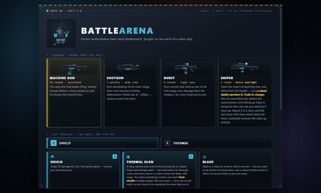 The loadout screen: four sidearms and the suit modules